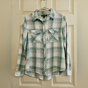 Banana Republic Factory Green- White-Gray Plaid Button-Down Blouse, Size XS